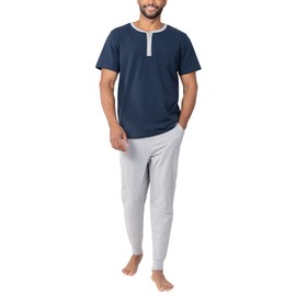 PajamaGram Mens Lightweight Jogger Pants Pajama Set - 100% Cotton PJ Sets for Men, Casual Joggers for Men with Pockets Sets - Gray Jogger Pants for Men, Navy Blue Short Sleeve Henley Top, XL