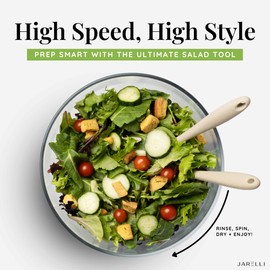 JARELLI Glass Salad Spinner 6.3QT with Storage Lid | One Handed Press Lettuce Spinner | Salad Spinner for Washing, Spinning, and Draining Greens, Fruits, and Vegetables