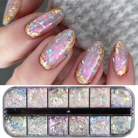 Holographic Iridescent Nail Art Glitter Flakes Powder Aurora Foil Sequins Ice Crystal Mermaid Paillettes Sparkly Sequins Designs Manicure Nail Decorations 12 Grids