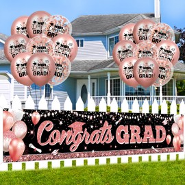RUMIA Graduation Party Decorations Rose Gold Graduation Banner Balloons Set Congrats Grad Yard Banner with 18pcs Balloons for Class of 2024 Party Sign Decor College High School Party Supplies Outdoor