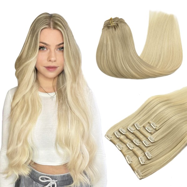 MAXITA Clip-In Real Hair Extensions, 45 cm, 18 Inches, 120 g, 7 Pieces, Ash Blonde to Golden Blonde and Platinum Blonde, Remy Clip-In Hair Extensions Real Hair Extensions