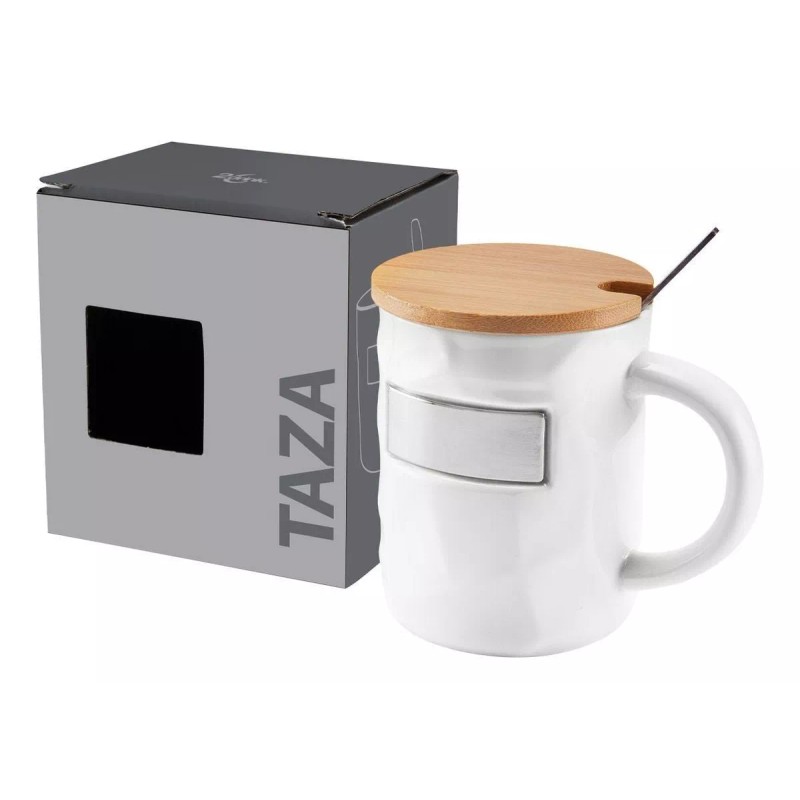 Inox Taza Tapa Bambu Cuchara Metalica Ceramica Acero Inox Glossy