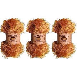 Lukche Eyelash Fun Fur Yarn Premium 100% Polyester 164 Yds (150 Mt), 3.53 Oz (100 Gr) Colorful Crochet Yarn Dıy Hand Knitting. (Gold, 3 Skein)