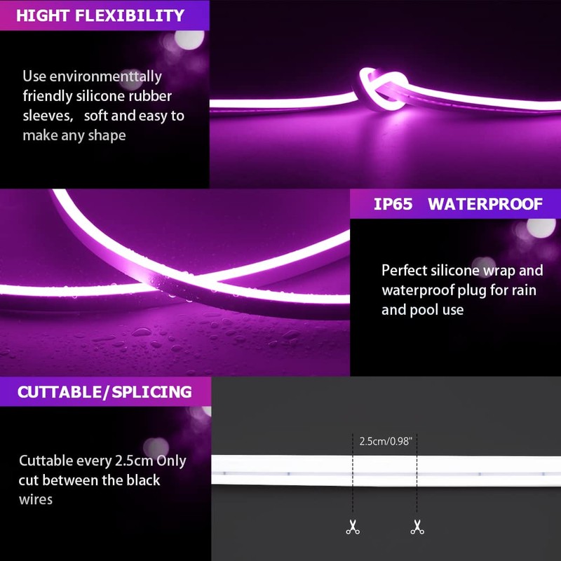 OWOFYDR LED Neon Lights Flexible Purple 16.4FT/5M 12V DC Waterproof
