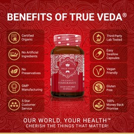 True Veda Pomegranate Extract Supplement - Ellagic Acid, High Punicalagins | USDA Certified Organic Pomegranate Supplement | Blend of Pomegranate Fruit, Seeds and Peel Extract | 60 Vegan Pomegranate Capsules