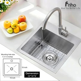 Friho 15x15 Inch Drop in Bar Sink, Topmout Small Kitchen Sink, 16 Ganuge Handmade T-304 Stainless Steel Square Single Bowl Sink for RV Wet Bar Prep RV Outdoor with Accessories