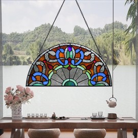 YOURANJU Stained Glass Window Hanging Handicraft 16” Baroque Half Moon Glass Window Panel Tiffany Botanical Style Window Suncatcher Perfect Window Hangings Housewarming Gift (With Chain Hook)