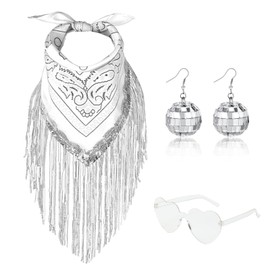 DAJOOEE Fringe Rhinestone Bandana with Heart Sunglasses & Disco Ball Earrings, Disco Cowgirl Bachelorette Bandanas for Women (White)