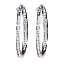 Clip On Hoop Earrings - Gunmetal Grey Hoops With Clear Crystals - Darva