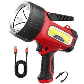 FORTO Rechargeable Spotlight Flashlight with 80000 Candela, 2000 Lumens Handheld Spotlight with Foldable Stand, 6 Modes IPX7 Waterproof LED Spot Lights for Boating Hunting Hiking (Red)