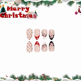 BABALAL French Tip Press on Nails Medium Christmas Fake Nails Almond Glue on Nails Green Red Point Candy Design Acrylic Nails 24Pcs Stiletto Cute Manicure Stick on Nails for Women and Girls