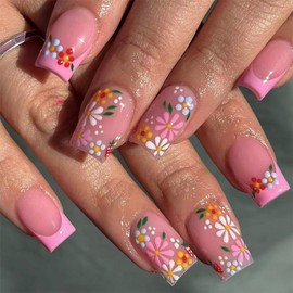 SINHOT Square Press on Nails Short - Daisy Flower Fake Nails Glossy Glue on Nails Pink French Tip Nail Summer Squoval Artificial Nail Stick on False Nail with Design 24pcs