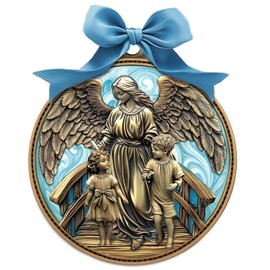 Misdary Guardian Angel Crib Medal Blue Ribbon Round Religious Decor for Baby Nursery Baptism Christening Gift Keepsake Gift, 3 Inch