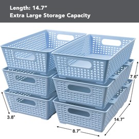 Stackable Woven Plastic Basket, Storage Bins for Cabinet, Closet, Shelf, Under Sink and Countertop, Pantry Organizer Bins, 6 Pack