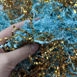 Crinkle Cut Paper Shred Filler for Gift Wrapping, Shredded Paper for Basket Filling,Mixed Colors Gift Box Filler for Easter, Birthday, Christmas, Thanksgiving, Wedding, Mother's Day(Light Blue&Gold)