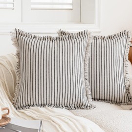 Throw Pillow Covers 18x18 Set of 2 Boho Pillow Covers with Fringe Tassel Farmhouse Cotton Striped Pillow Covers for Sofa Couch Bed Living Room Decor