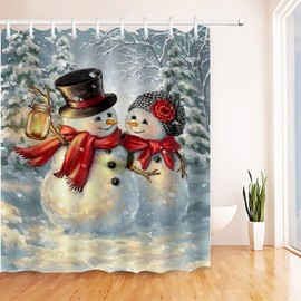 Christmas Bathroom Decor Xmas Shower Curtain with Hooks Set,Waterproof Fabric Cloth Snowman Deer Gnome Santa Theme Bath Curtains Decoration Blue Red Black 72 Inch Size Long (G27)