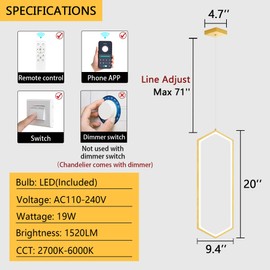 Ring Chandelier Modern LED Dimmable Pendant Lighting Adjust Ceiling Light for Kitchen Island Foyer Lobby Living Room Staircaes Gold