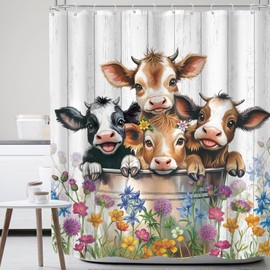 Mitpok Spring Cow Shower Curtain Funny Cute Summer Highland Cow Farmhouse Western Cattle Bull Farm Animal Rustic Floral 60Wx72H Bathroom Decor Country Bath Curtain Fabric Polyester 12 Pack Hooks