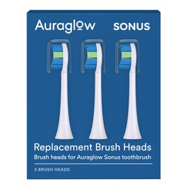 Auraglow Sonus Electric Toothbrush Replacement Brush Heads with Cover Cap, 3 Count, White