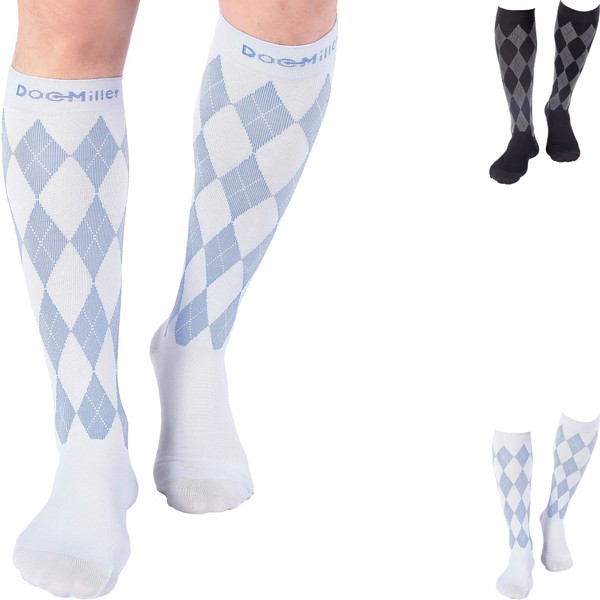 Doc Miller Knee High Compression Socks for Women, 20-30mmHg Compression Socks Men for Swelling Shin Splints and DVT Recovery, 1 Pair Large Grey Blue Argyle Pattern
