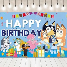 Birthday Party Backdrop, Blue Dog Party Supplies Background Photography, Theme Photo Backdrop Decorations Happy Birthday Banner Decorations for Kids (5x3ft)