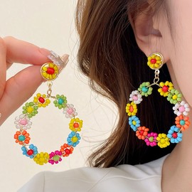 Boho Beaded Hoop Earrings for Women Trendy Boho Jewelry,Bohemian Flower Gold Drop Dangle Beaded Earrings for Summer Statement Earrings (Style A)