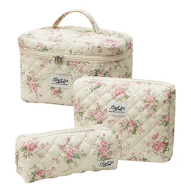 3 Piece Cosmetic Bag Women Make Up Bag, Women's Travel Bags Set, Quilted Toilet Bag with Floral Pattern, Cosmetic Bag with Handle for Girls, pink, Modern floral pattern