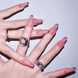 Pink Ombre Press On Nails Black Tip Long Coffin False Nails Glue On Fake Nails For Women Acrylic Nails With Nail Tools Kit