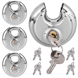BAIFULAI Pack of 4 Round Shackle Lock 70 mm, Padlock with 8 Keys, Round Lock with Stainless Steel Shackle, Disc Lock, Round, Rustproof, Weatherproof Hanging Lock, Safety Lock