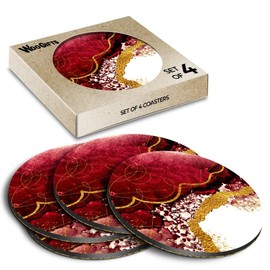 4 x Round Coasters - Ruby Red Ink Art Marble Effect Cork Backed MDF Glossy Tea Coffee Accessory #53382