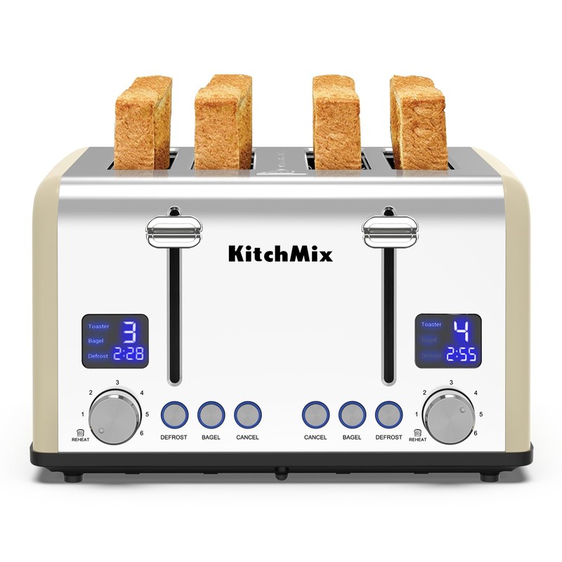 Toaster 4 Slice, KitchMix Bagel Stainless Toaster with LCD Timer,