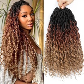 AMLUCKS 8 Packs Goddess Locs Crochet Hair Pre-Looped Boho Faux Locs Messy River Bohemian Crochet Hair for Black Women with Curly Ends (1B/30/27#, 18inch)