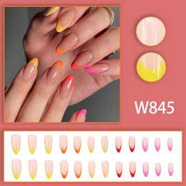 Almond Press on Nails Long Fake Nails Glossy Full Cover Colorful French Tip False Nails Summer Rainbow Stick on Nails for Women Girls 24pcs