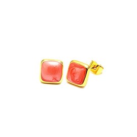 CHICNET Brass Stud Earrings Square Grained 8 mm Colourful Gold Enamel Nickel Free Brass Red