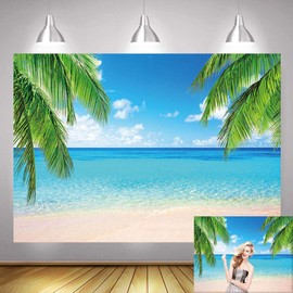 Summer Tropical Beach Theme Photo Backgrounds 5X3FT Sea Ocean Palm Leaf Sand Beach Blue Sky White Hawaii Photography Backdrops Wedding Bride Shower Baby Birthday Party Banner Supplies Props Vinyl