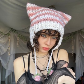 Yoawdats Crochet Knit Hats for Women Cute Cat Ear Grunge Goth Autumn Winter Soft Warm Ear Protector Y2K Drawstrings Beanies (Pink, One Size)