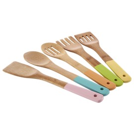 Premier Housewares 0805460 Kitchen Utensil Set, Pastel Handles 5 Piece, Bamboo, Multi/Coloured