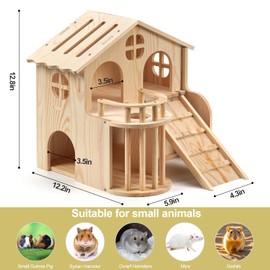 Guinea Pig Hideout, Wooden 2-Tier Guinea Piggy Castle House Habitat Accessories with Removable Ladder Food Bowl & Hay Rack Easy to Assemble for Small Animal Hamsters Syrian Hamsters Gerbils Rats