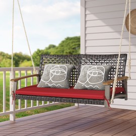 DORTALA Hanging Porch Swing, 2 Person Outdoor Wicker Rattan Swing Chair Bench with Cushion, Ropes for Patio, Garden, Backyard, Mix Brown+Red