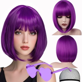 Bob Wig, 12 Inch Short Purple Bob Wig with Bangs,Straight Cosplay Wig,Heat Resistant,Adjustable Straps Wigs for Women Girl with Wig Cap
