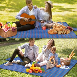 SOMIYAMI Picnic Blanket Waterproof, Tartan Camping Blanket, Picnic Mat With Carrying Handle, Garden Outdoor Beach Blanket Washable Multipurpose Camping Blanket 150 x 200cm (Blue)