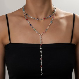 Colorful Crystal Long Necklace for Women Dainty Boho Y-Shaped Color Bead Necklaces Sparkly Rhinestone Pendant Layered Gold Long Chain Choker Good Luck Trend Jewelry Gift Jewelry (Double Layer Silver)