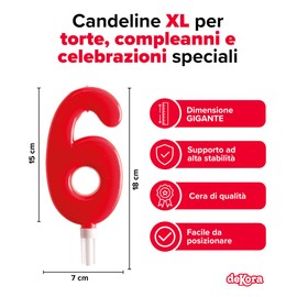 dekora - Candeline Compleanno Gigante Numero 6 Rossa 15 cm per Torta, Candeline Compleanno Numeri, Decorazione per Torta di Compleanno e Feste per Bambini