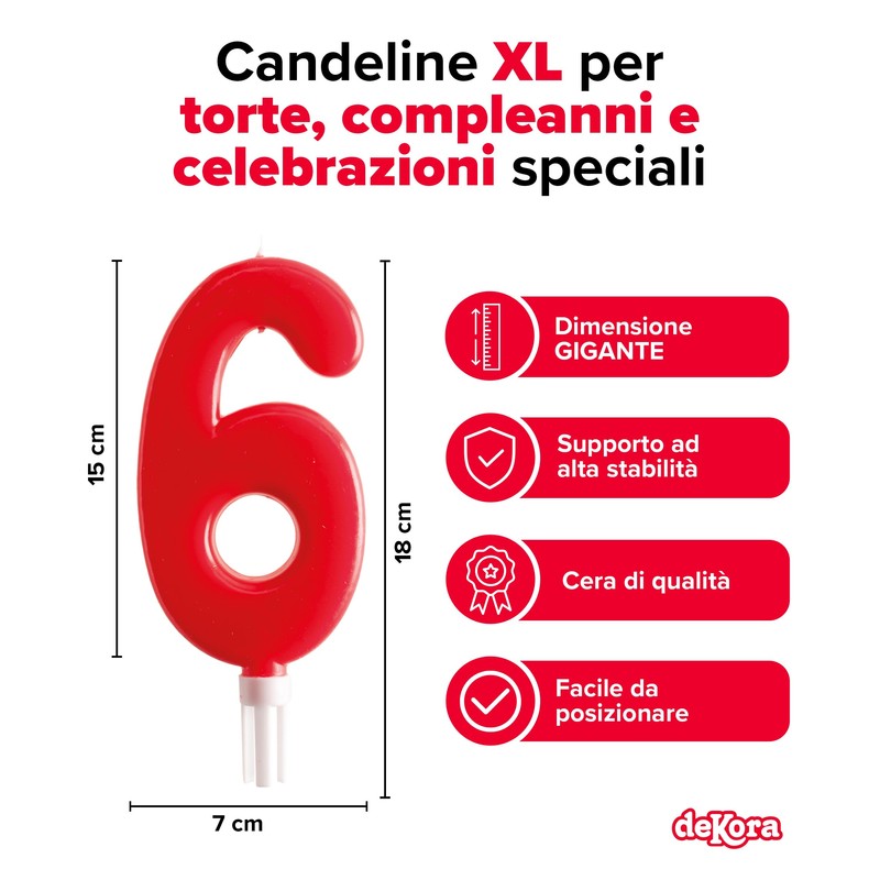 dekora - Candeline Compleanno Gigante Numero 6 Rossa 15 cm
