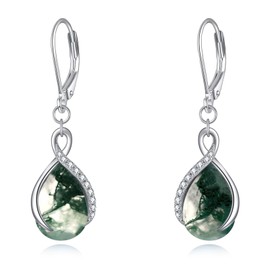 POPLYKE Teardrop Moss Agate Leverback Earrings for Women Sterling Silver Infinity Earrings Dangle Moss Agate Jewellery Gifts