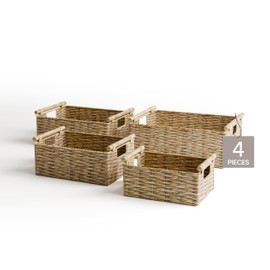 RGI Home Water Hyacinth Storage Baskets - Set of 4 Woven Decorative Baskets, Multi-size Organizers for Household Storage, Home Office, Pantry, Kitchen, Laundry, with Handles & Wood Accents, Natural
