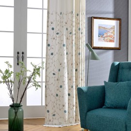 VOGOL Blue Floral Embroidered Bedroom Curtains, Lovely Flower Design Not See Through Drapes for Home Office, 2 Pieces Room Divider Window Curtain Panels for Dorm Room, 59 x 79 Inches