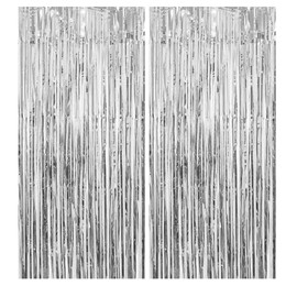 Silver Metallic Tinsel Foil Fringe Curtains Shimmer Curtain Party Photo Backdrop Decorations,Pack of 4
