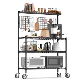 Leteuke Kitchen Bakers Rack, NSF Certified 4-Tier Microwave Stand with Wheels 20 S-Hooks, Adjustable Heavy Duty Storage Rack Commercial Grade Metal Utility Storage Shelf 42× 18× 63 Inches, Black